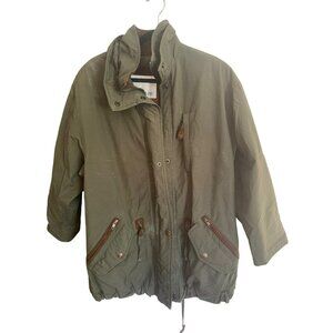London Fog XS Reg Olive Green Parka All Weather Jacket  Leather Accents Pockets
